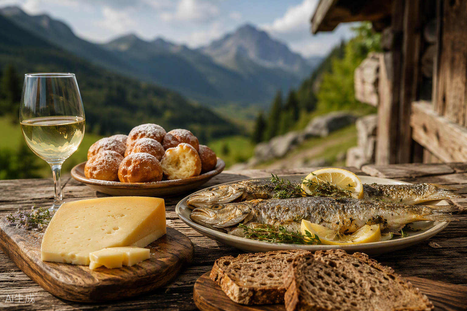 Local Soča Valley food: trout, Tolminc cheese, krafi dumplings and wine on a wooden table
