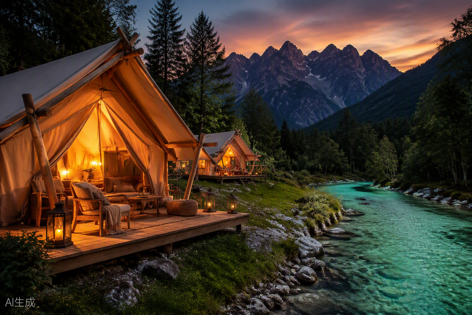 Glamping tents glowing at dusk beside the emerald river