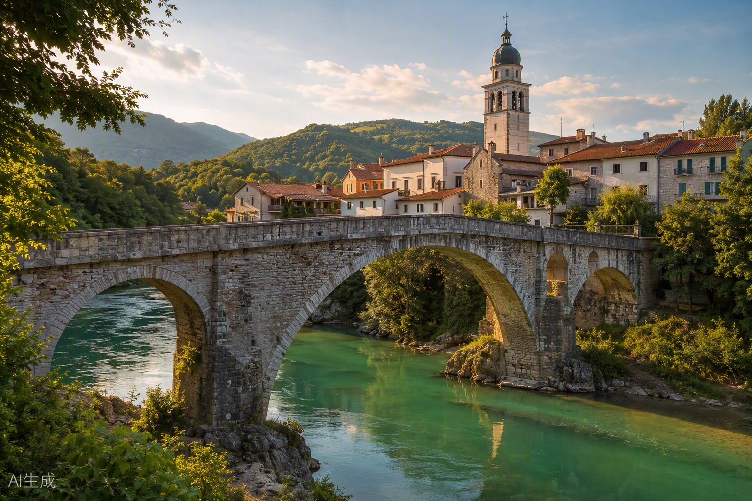 The stone bridge of Kanal ob Soči over the emerald river