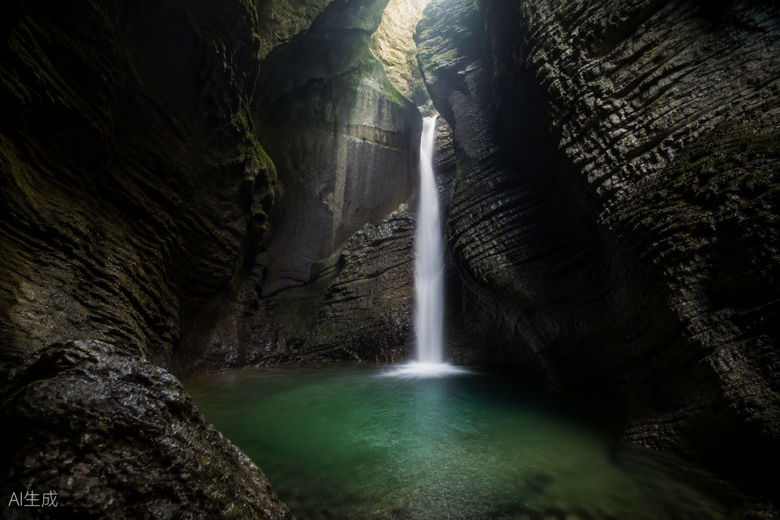 Kozjak Waterfall dropping into its emerald rock chamber near Kobarid