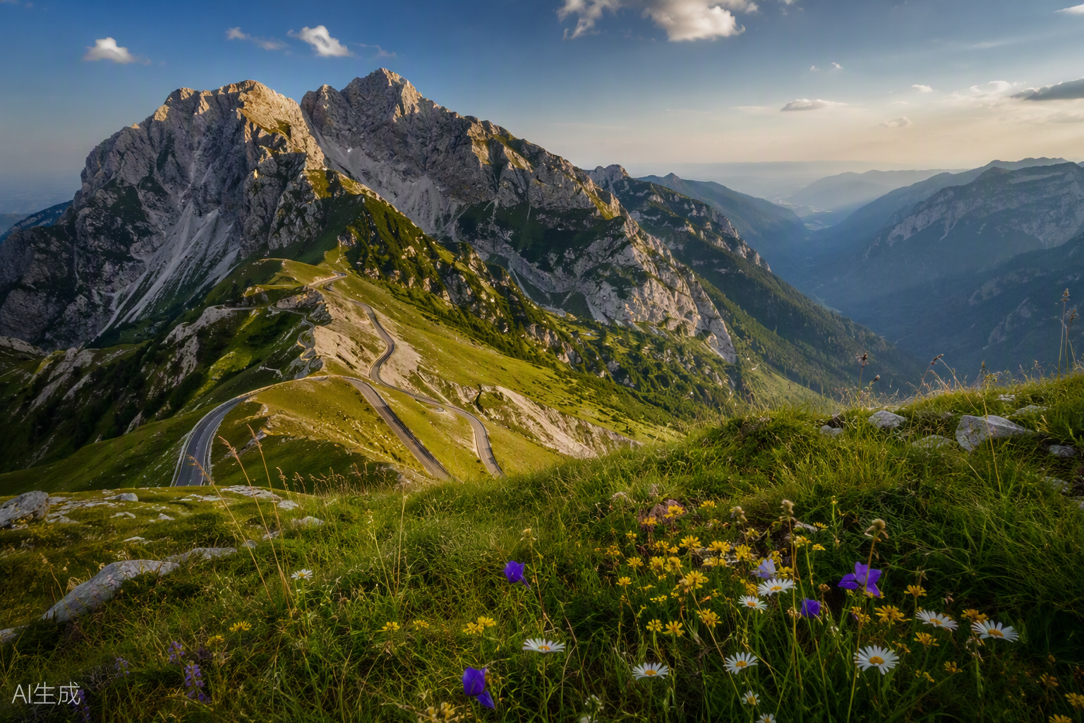 Alpine peaks and high road on Mangart above Bovec