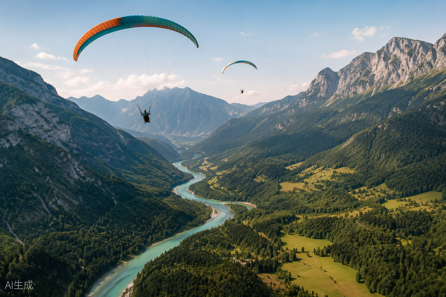 Paragliders soaring above the Soča Valley