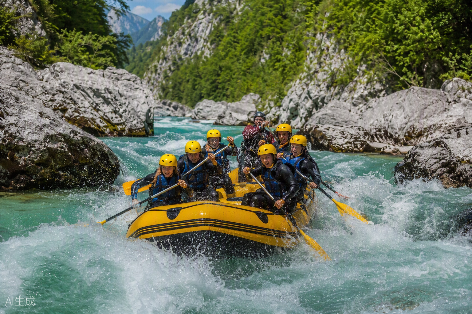 Rafters paddling through emerald rapids on the Soča River