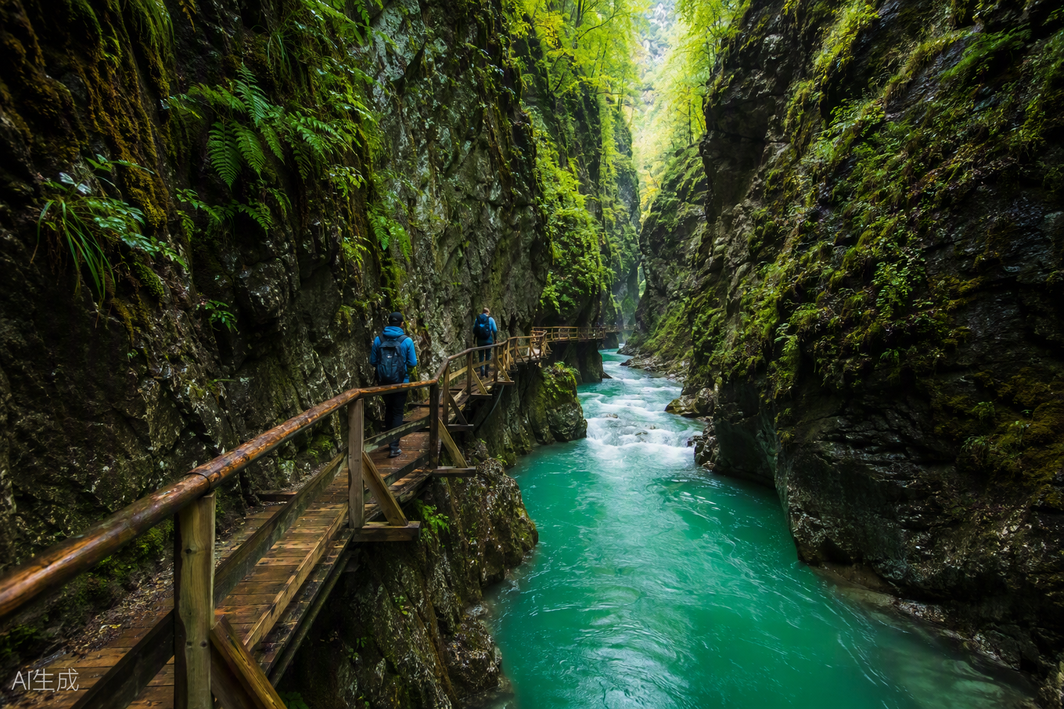 Wooden walkways inside Tolmin Gorges above turquoise water