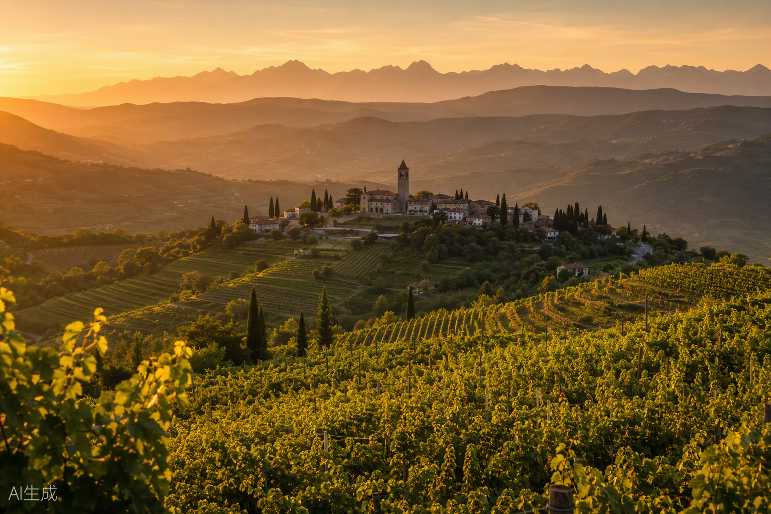 Vineyard hills of the Goriška region near Nova Gorica at golden hour, with alpine peaks in the distance