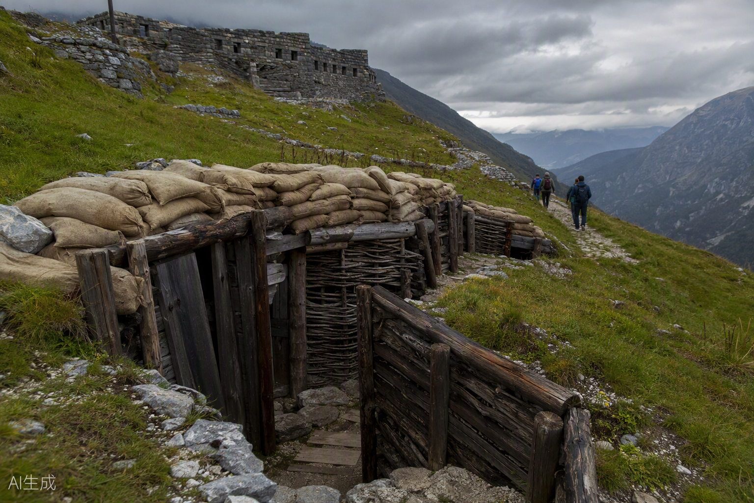 A restored WWI trench on a mountainside above the Soča Valley