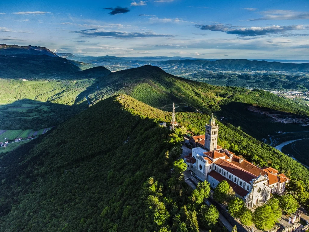 Sveta Gora basilica aerial view with Soča Valley