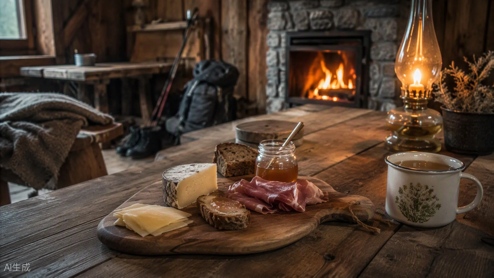 A farmhouse table laid with local cheese, cured meat, dark bread and honey