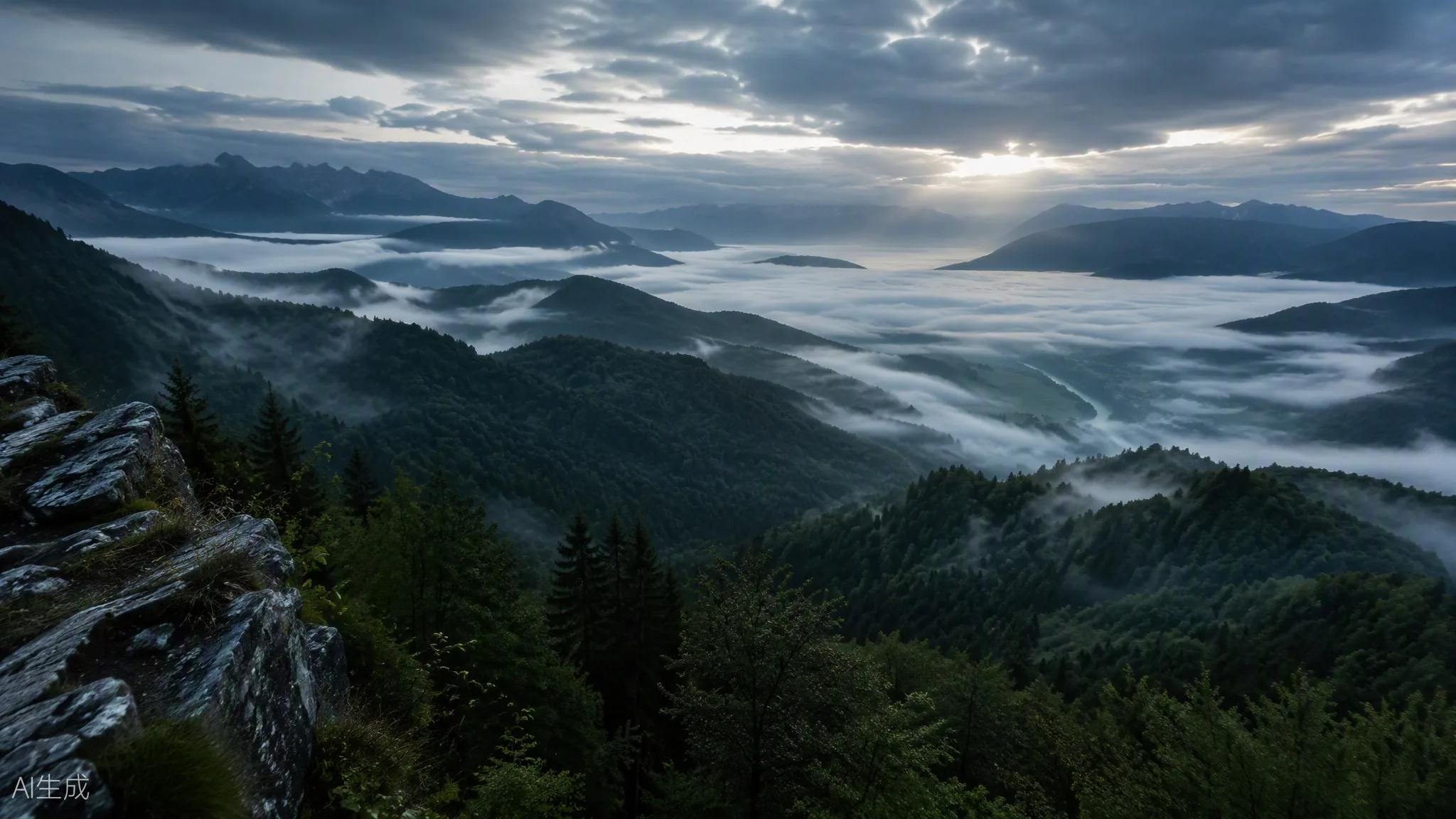 Dawn panorama from the Trnovo Forest plateau edge — forest ridges receding into blue-green mist above the fog-filled Soča Valley