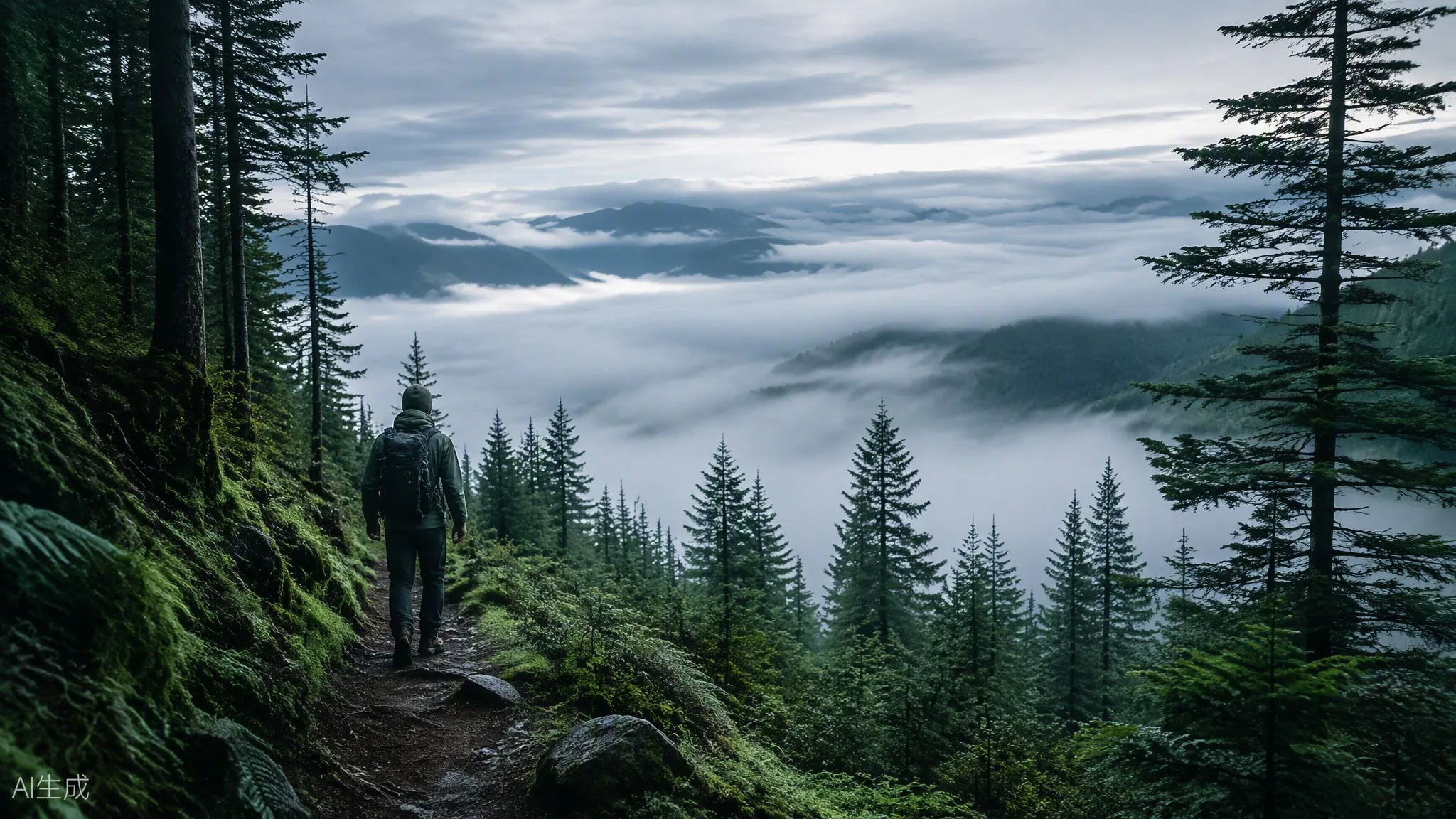 Hiker on a forest trail above the clouds, looking over a fog-filled valley