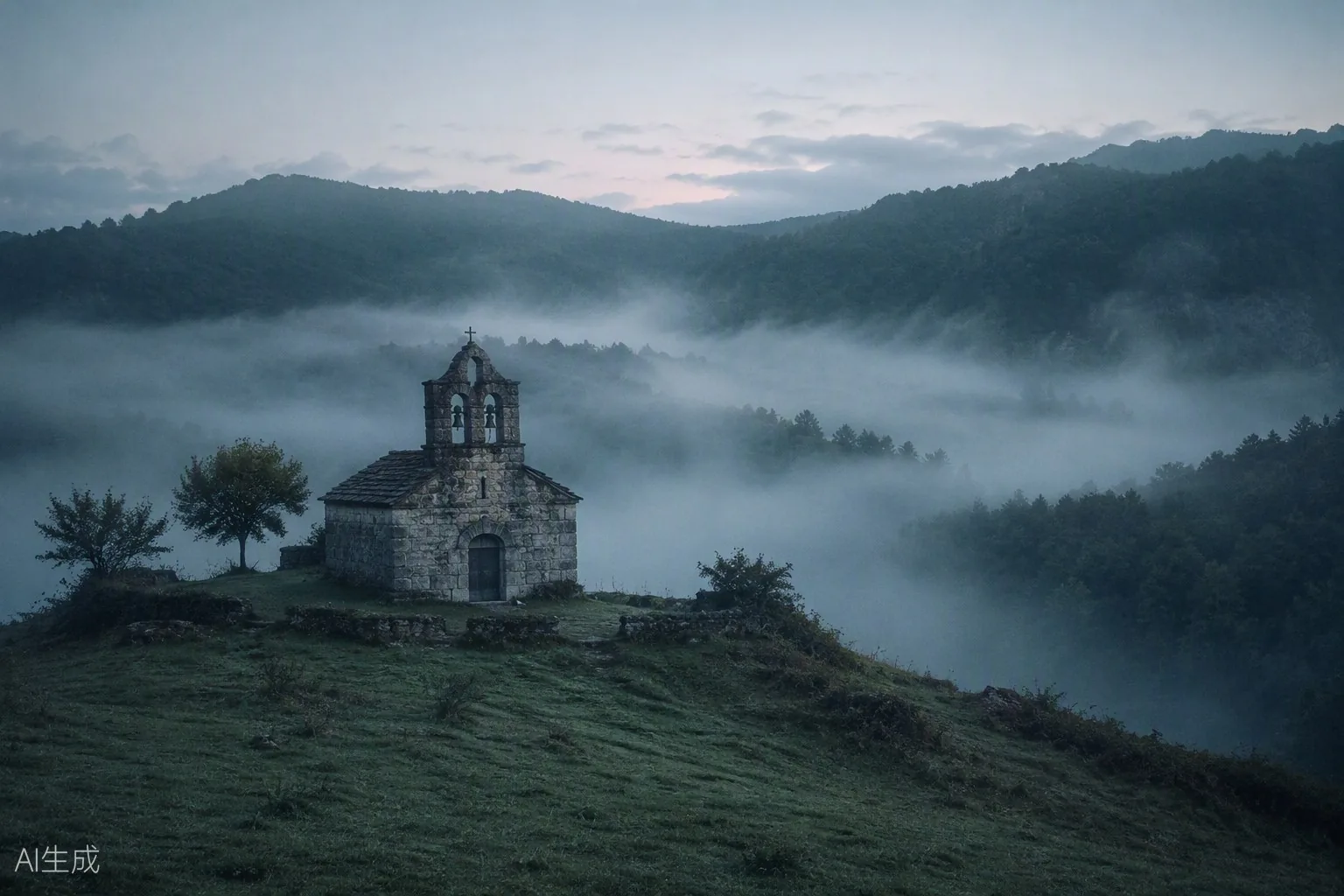 A small stone village chapel on a meadow rise above the fog
