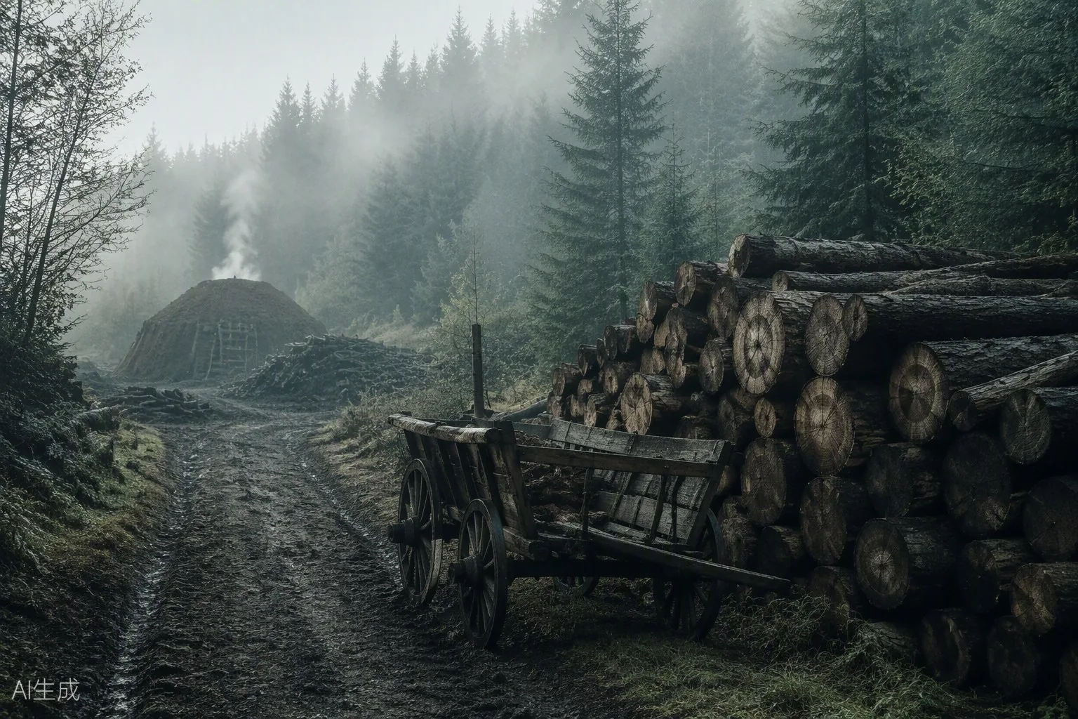 Stacked timber logs at a forest road with an old wooden cart