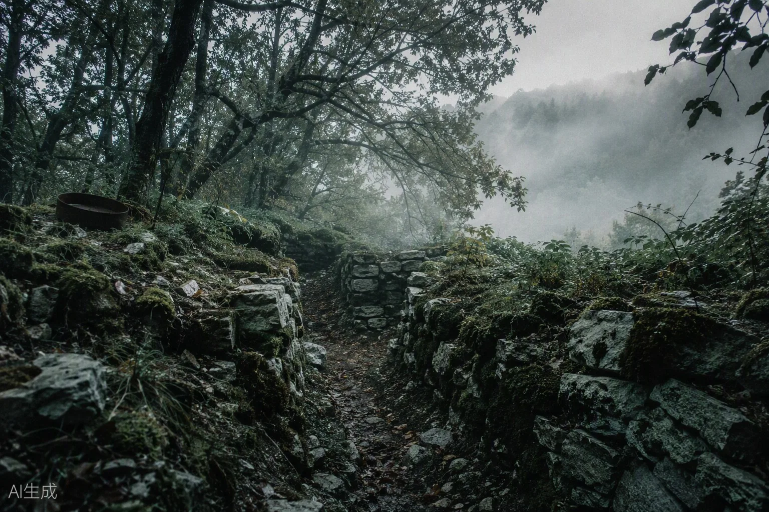 Overgrown stone trench remains on a forested ridge, shrouded in mist