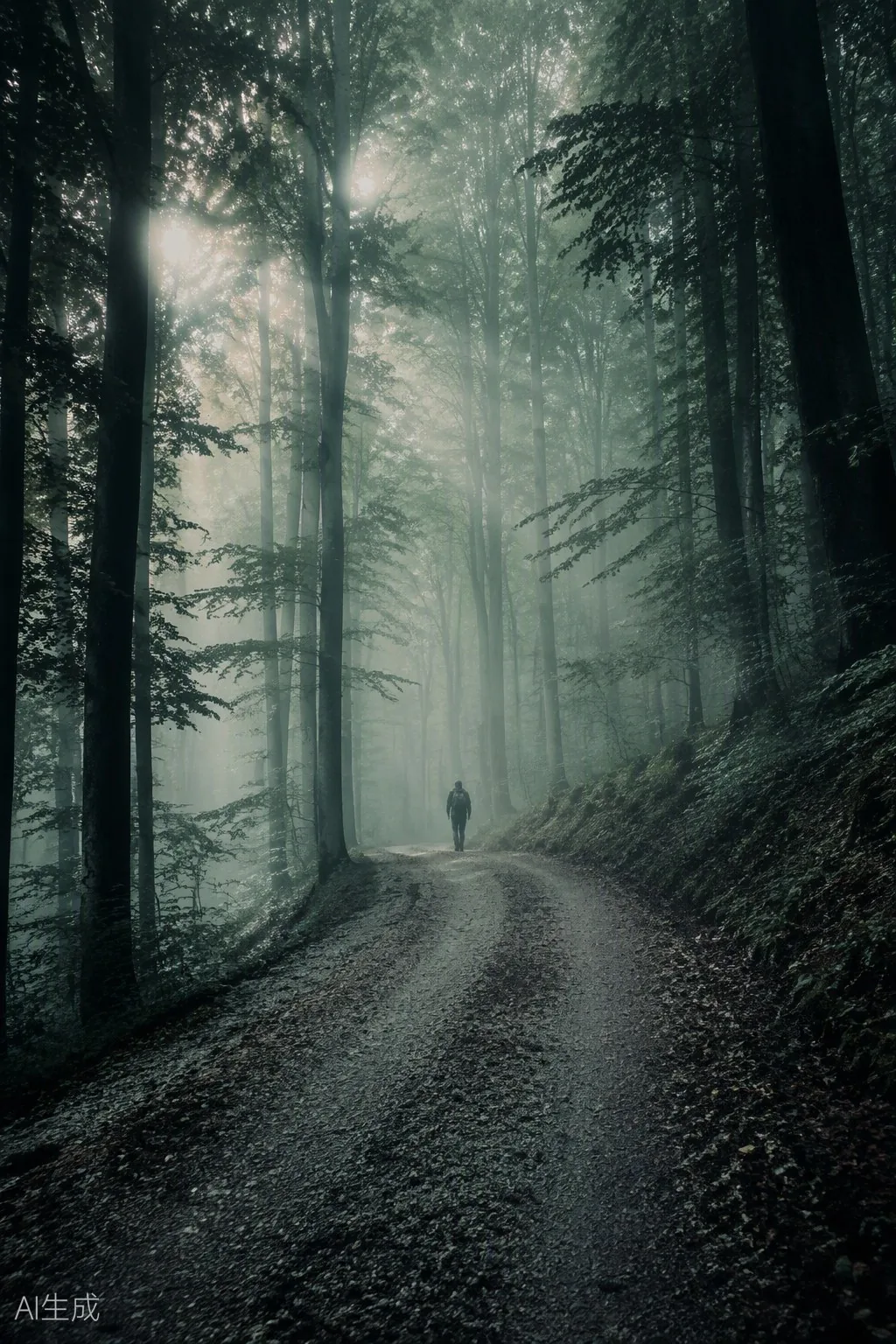 A quiet gravel road climbing into deep Trnovo Forest, morning fog between towering beech trunks