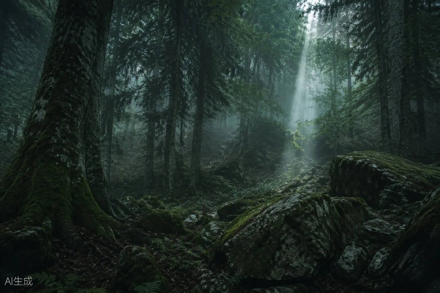 Dense Trnovo Forest interior — monumental old-growth beech and spruce, moss-covered karst boulders, fog low between the trees