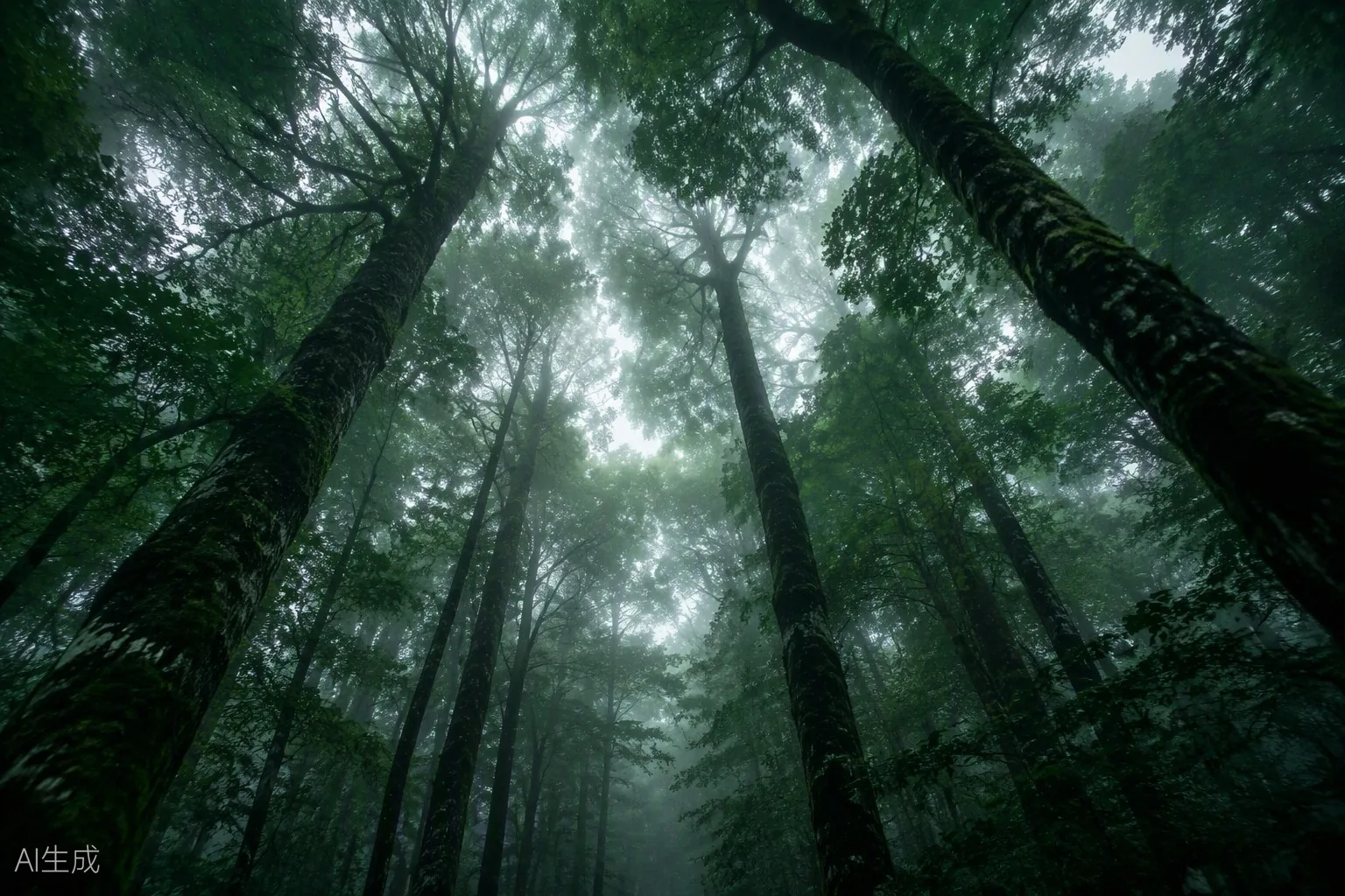 Trnovo Forest canopy from below — towering trunks converging upward in green cathedral light and mist