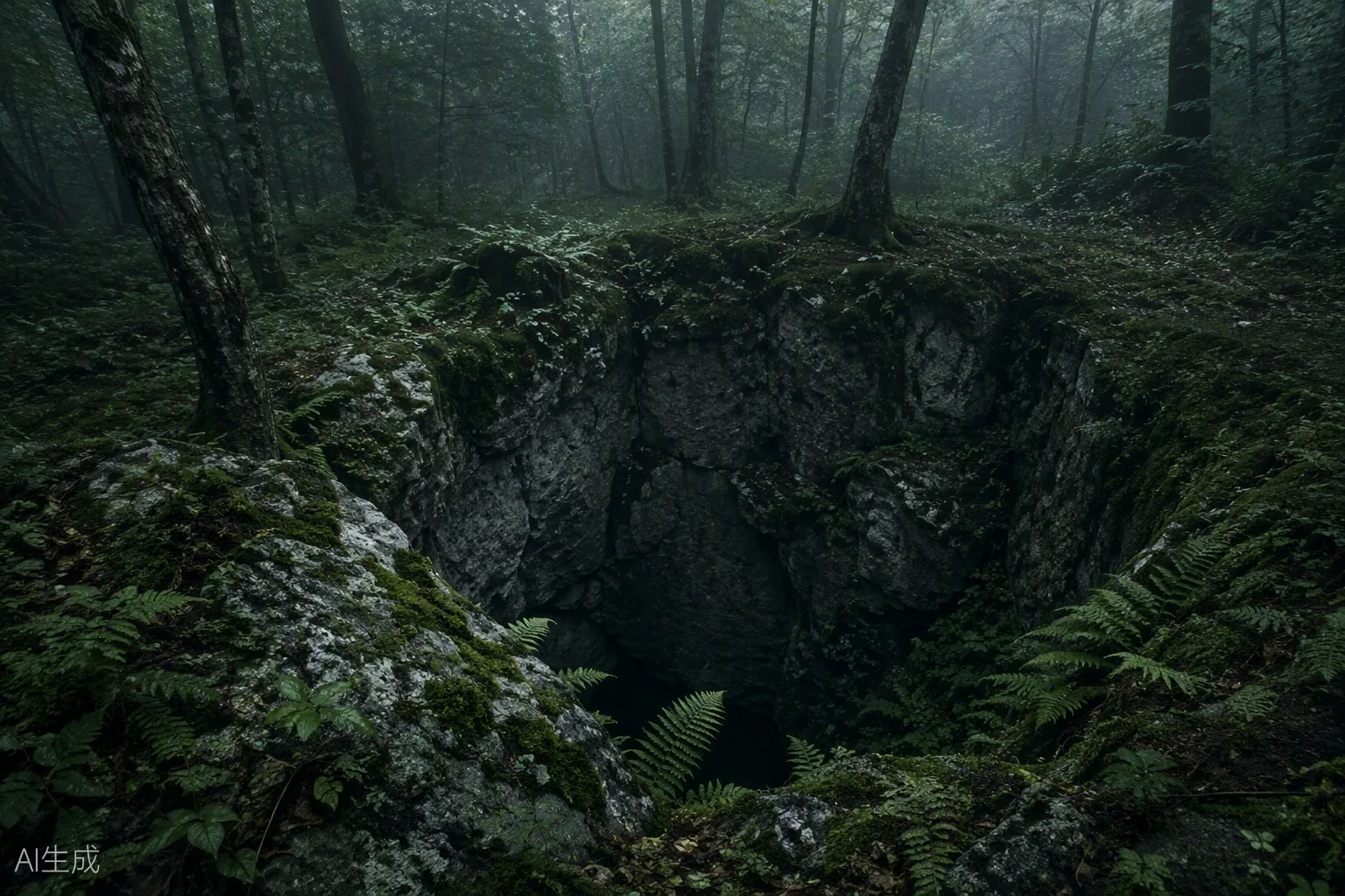 A moss-fringed karst sinkhole opening in the forest floor, weathered grey limestone and ferns
