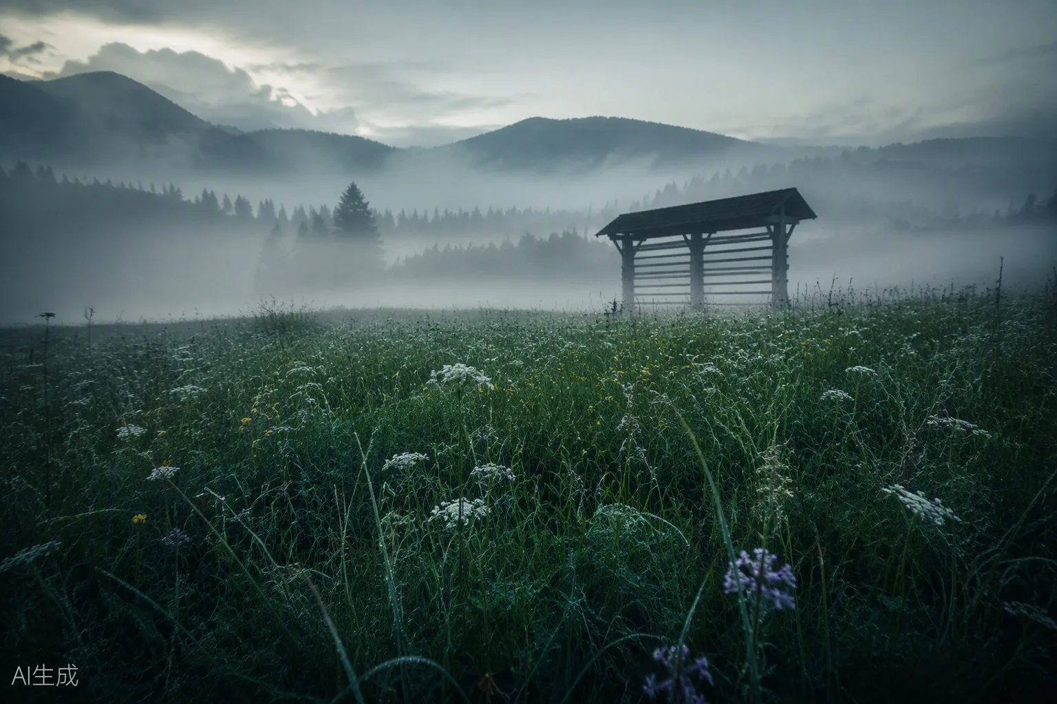 Banjšice hay meadow at dawn — wildflowers, dew and a wooden hayrack silhouette in the fog