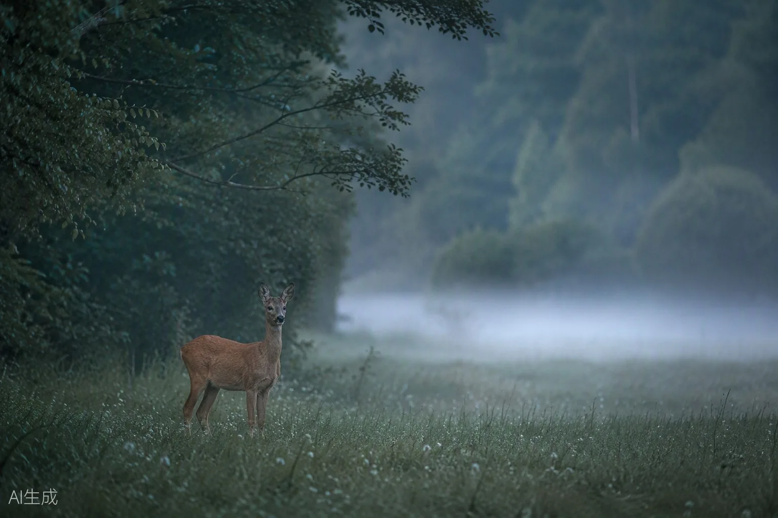 A roe deer at a forest clearing edge in morning mist, muted greens