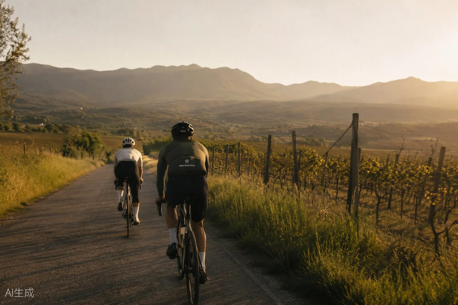Road cyclists on a quiet vineyard road in golden light, mountains ahead