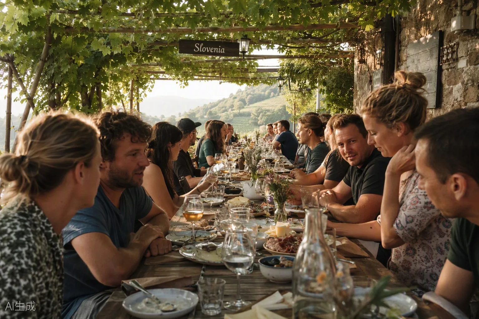 Long farm-to-table feast under a vine pergola in the Vipava Valley