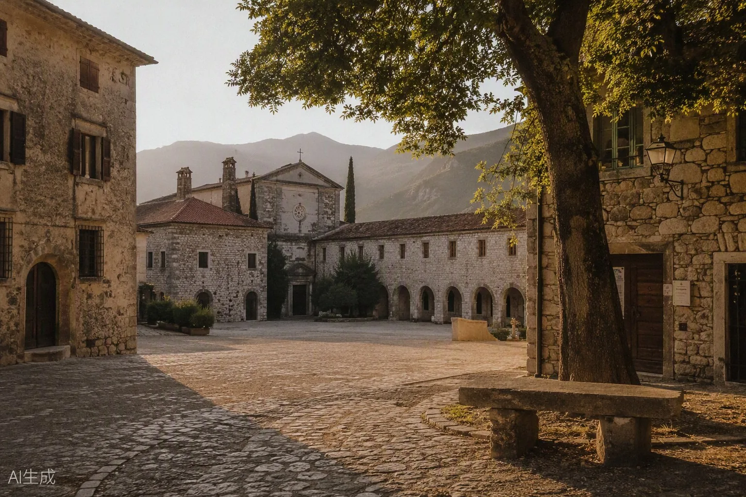 Vipavski Križ medieval square: stone facades, monastery, quiet cobblestones