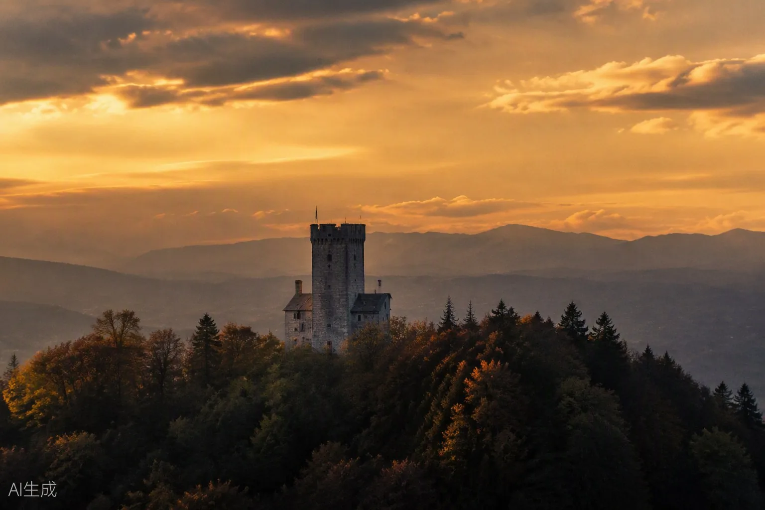Rihemberk castle tower rising above forest at dusk