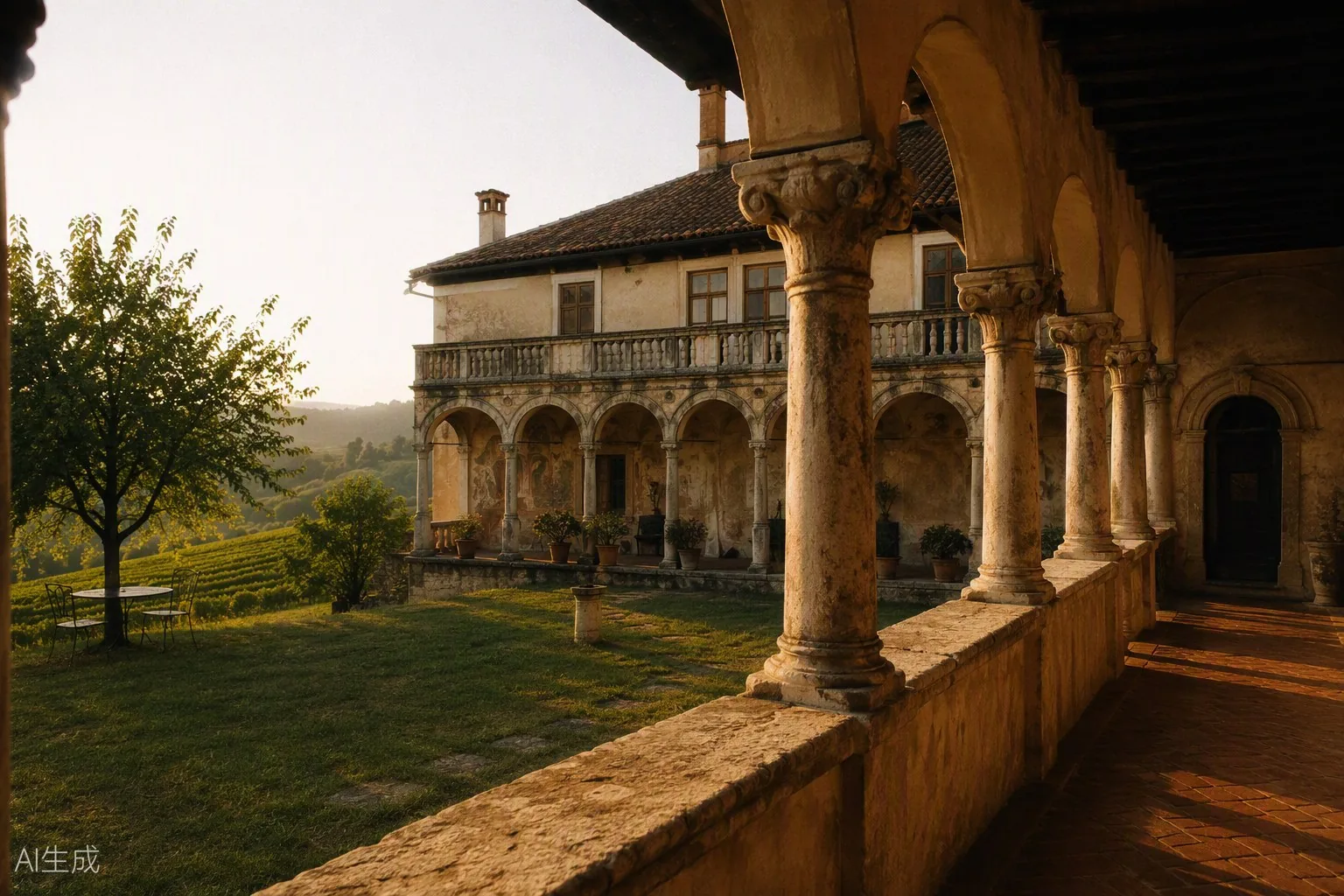 Zemono manor: Renaissance arcade courtyard, warm stone, vineyards around