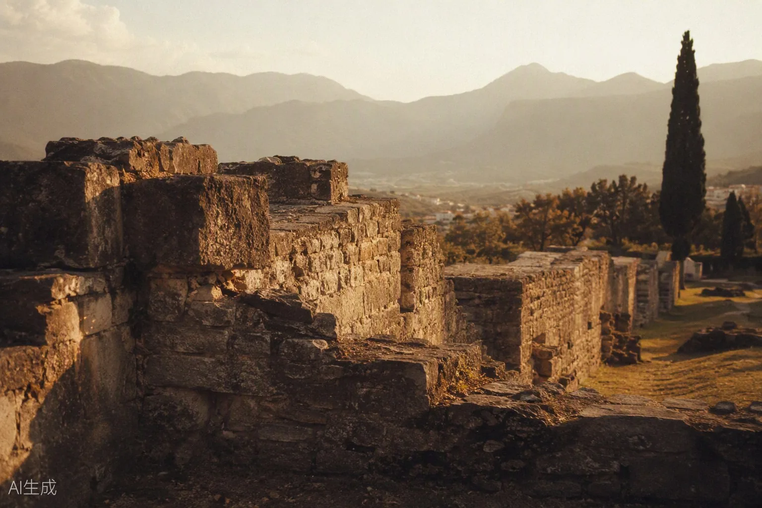 Roman Castra wall remains in Ajdovščina, golden stone