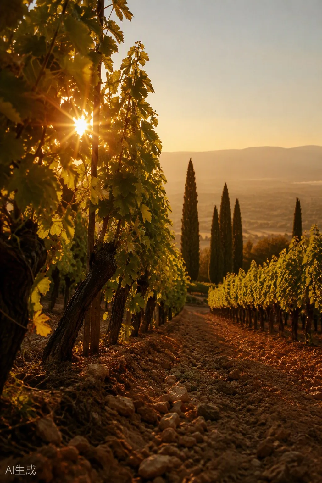 Sunlit vine rows in the Vipava Valley with terracotta soil and distant trees