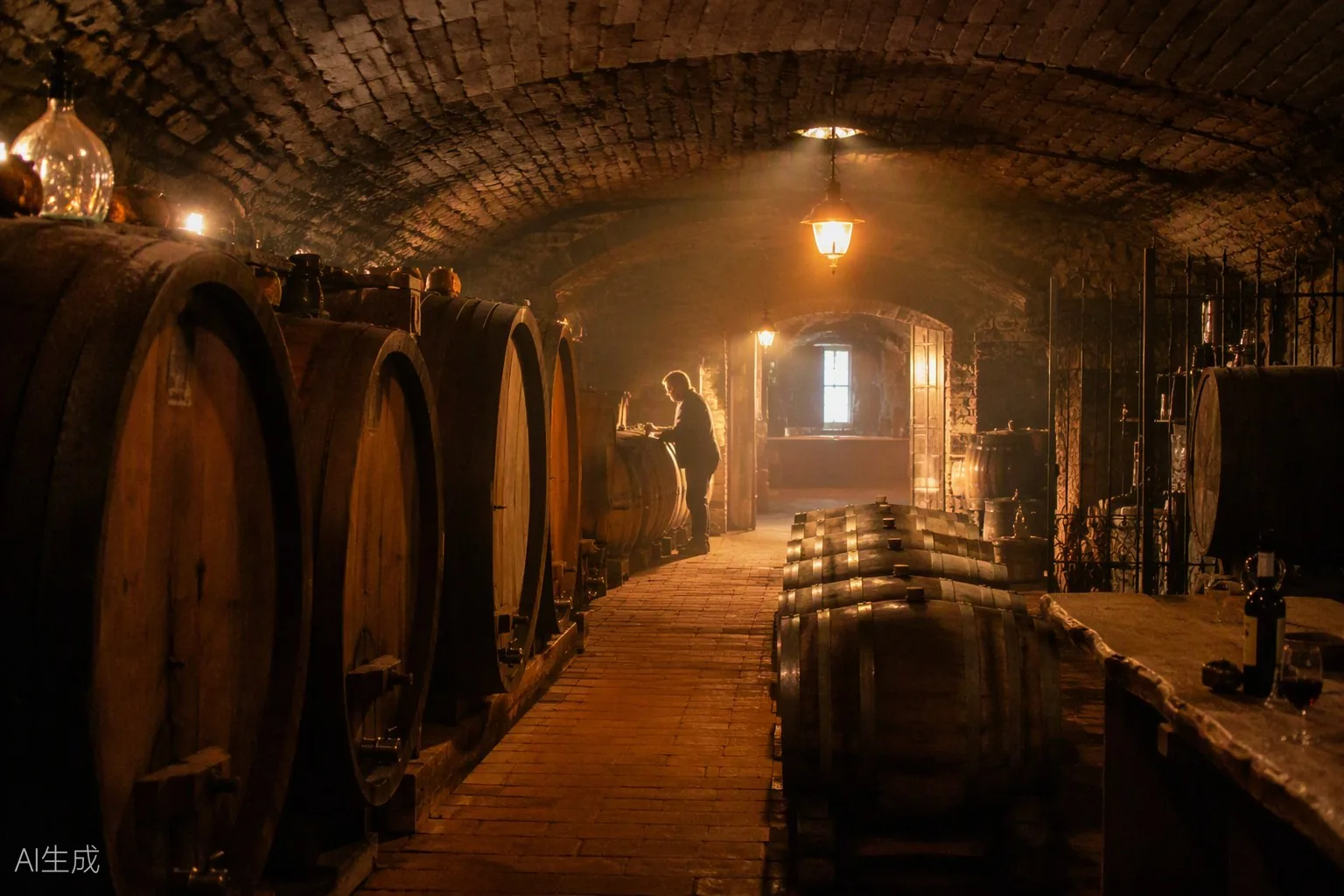 Atmospheric old wine cellar with oak barrels and vaulted brick ceiling